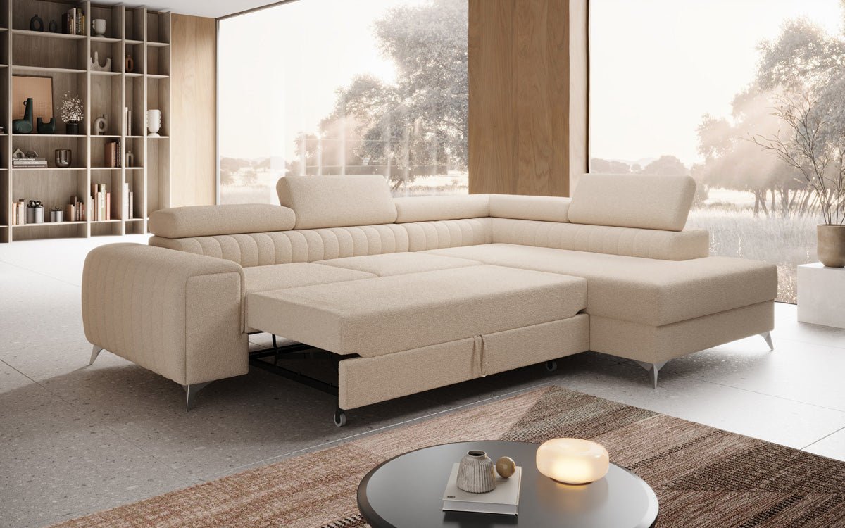 Luxuriöses L-förmiges Bouclé-Designsofa Aurea mit Schlaffunktion und Klappmechanismus