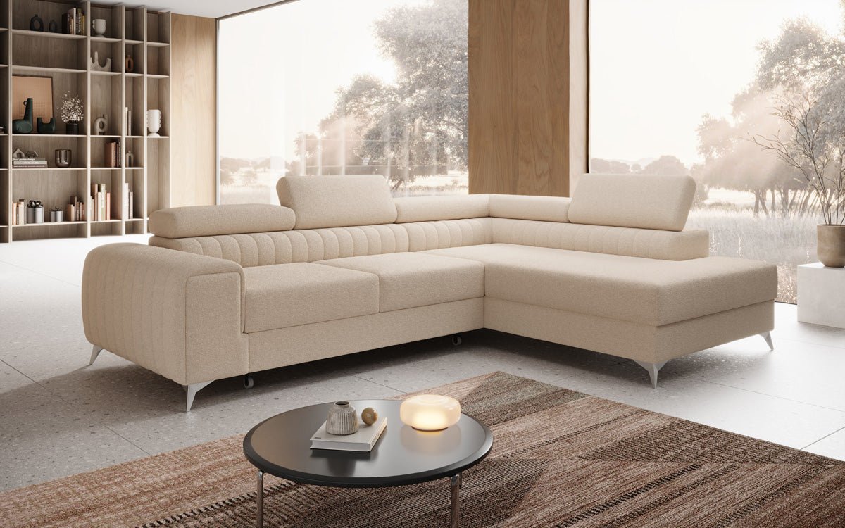 Luxuriöses L-förmiges Bouclé-Designsofa Aurea mit Schlaffunktion und Klappmechanismus