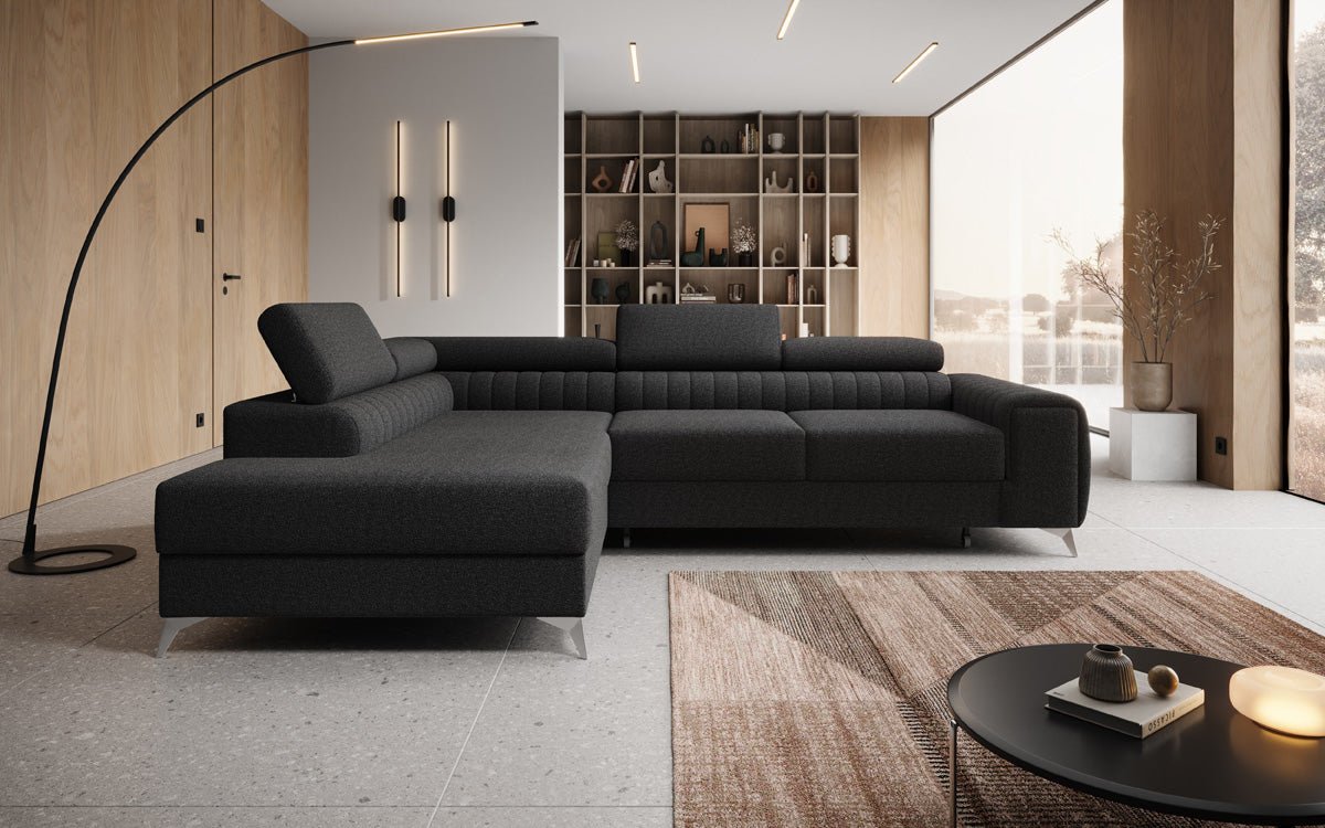 Luxuriöses L-förmiges Bouclé-Designsofa Aurea mit Schlaffunktion und Klappmechanismus