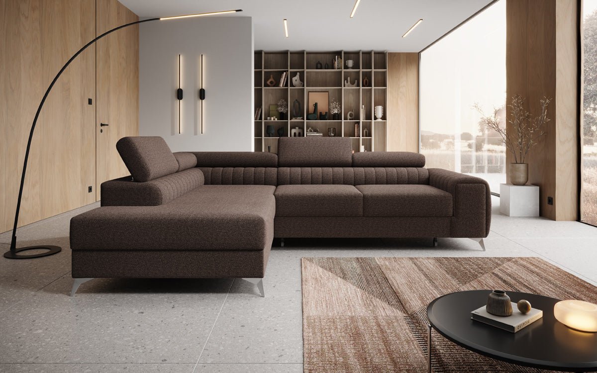 Luxuriöses L-förmiges Bouclé-Designsofa Aurea mit Schlaffunktion und Klappmechanismus