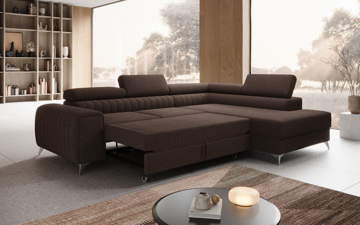 Luxuriöses L-förmiges Bouclé-Designsofa Aurea mit Schlaffunktion und Klappmechanismus
