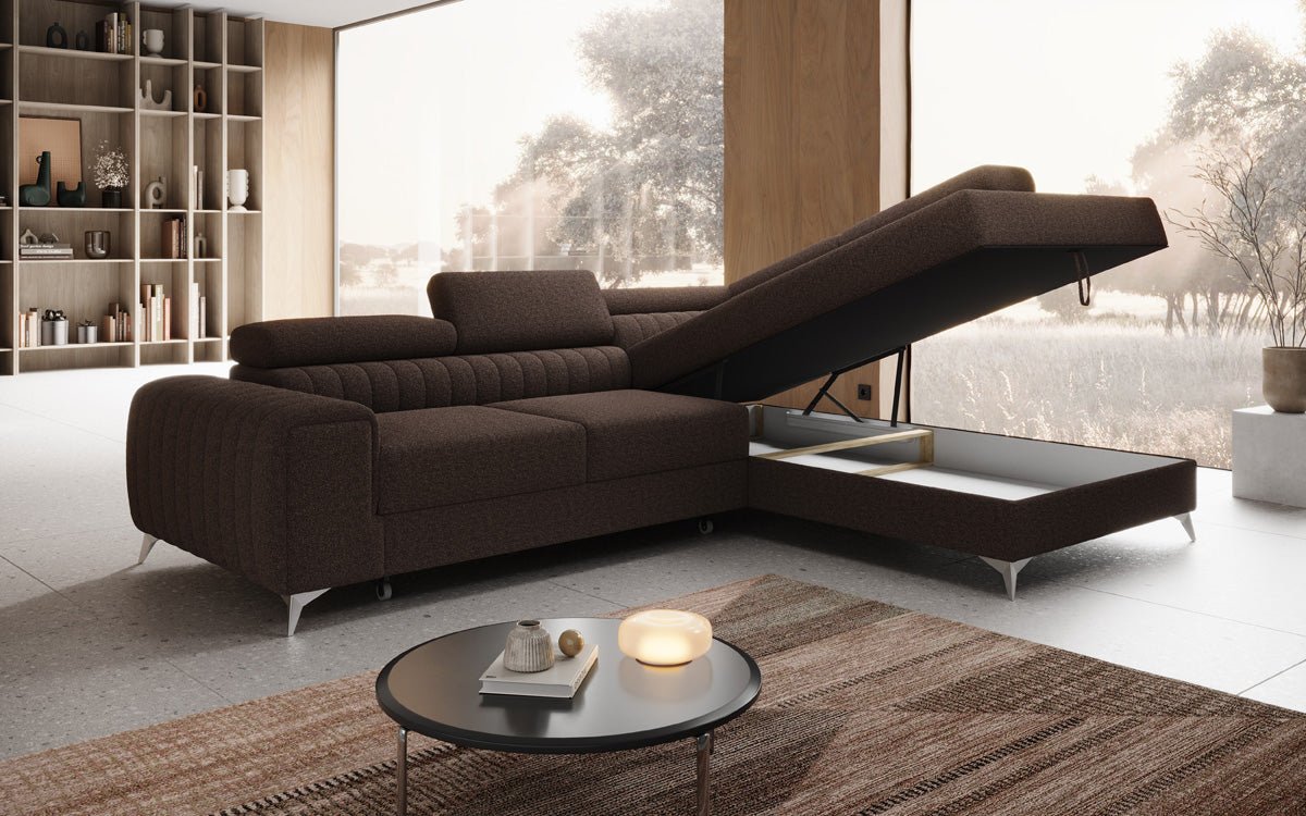 Luxuriöses L-förmiges Bouclé-Designsofa Aurea mit Schlaffunktion und Klappmechanismus