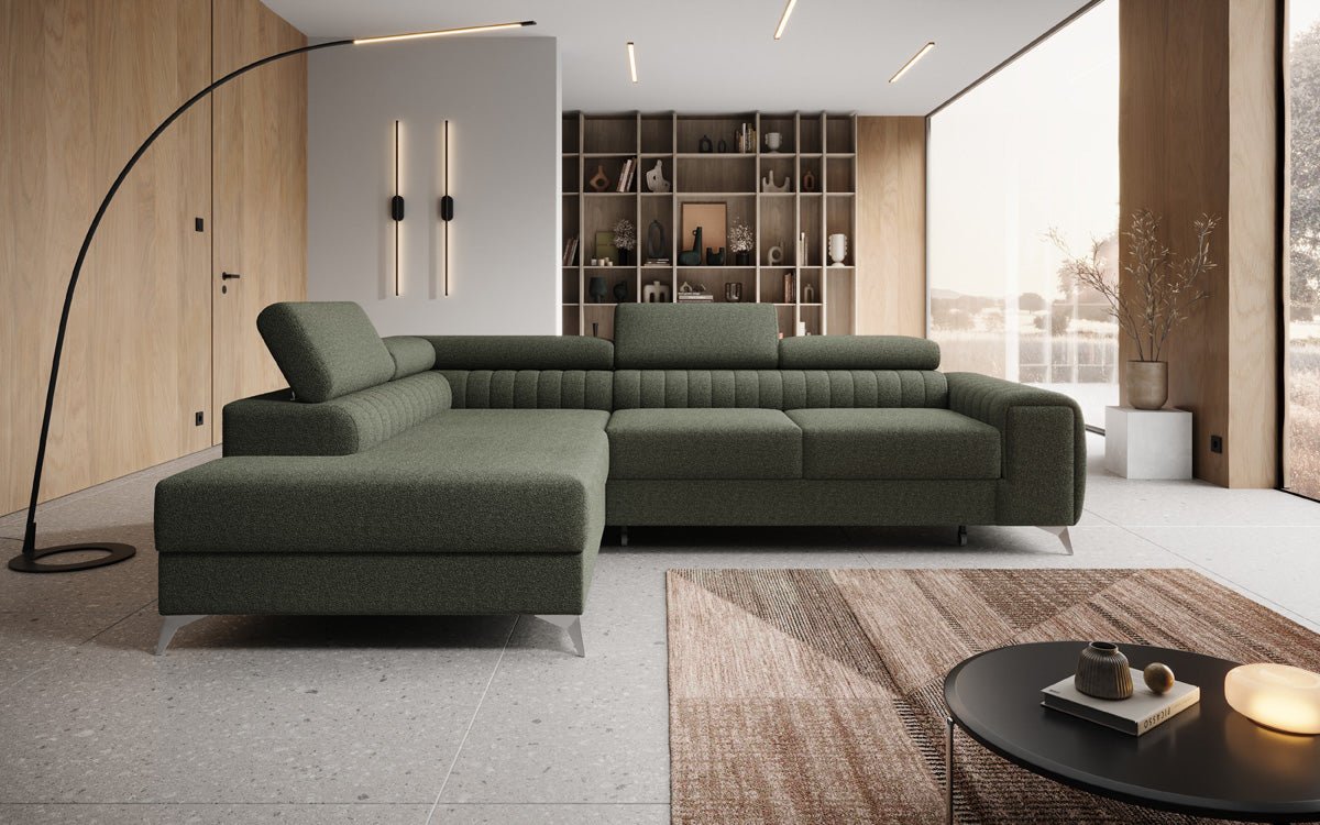 Luxuriöses L-förmiges Bouclé-Designsofa Aurea mit Schlaffunktion und Klappmechanismus