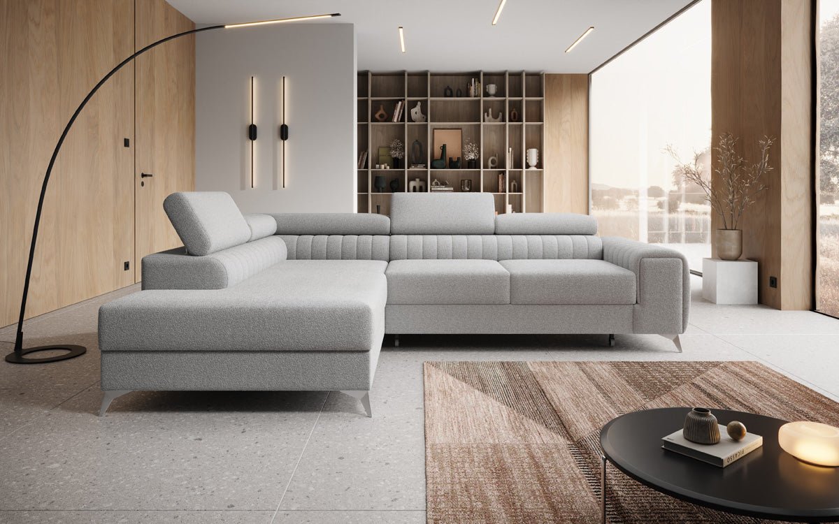 Luxuriöses L-förmiges Bouclé-Designsofa Aurea mit Schlaffunktion und Klappmechanismus