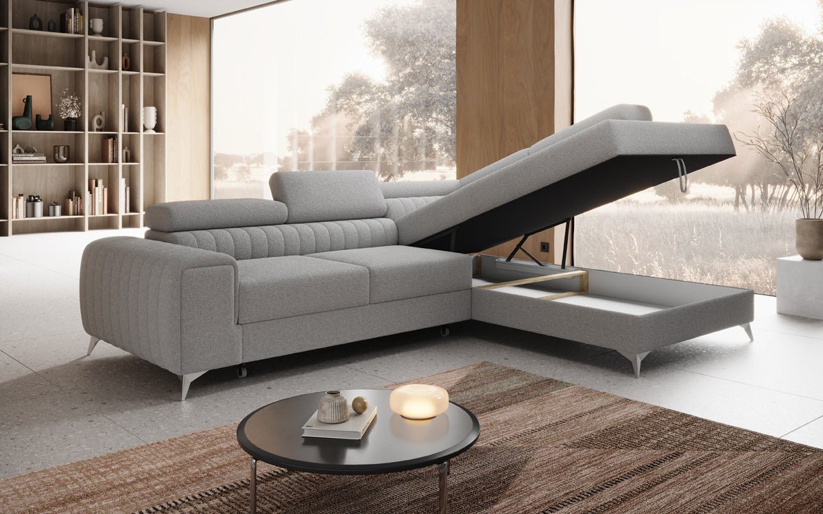 Luxuriöses L-förmiges Bouclé-Designsofa Aurea mit Schlaffunktion und Klappmechanismus