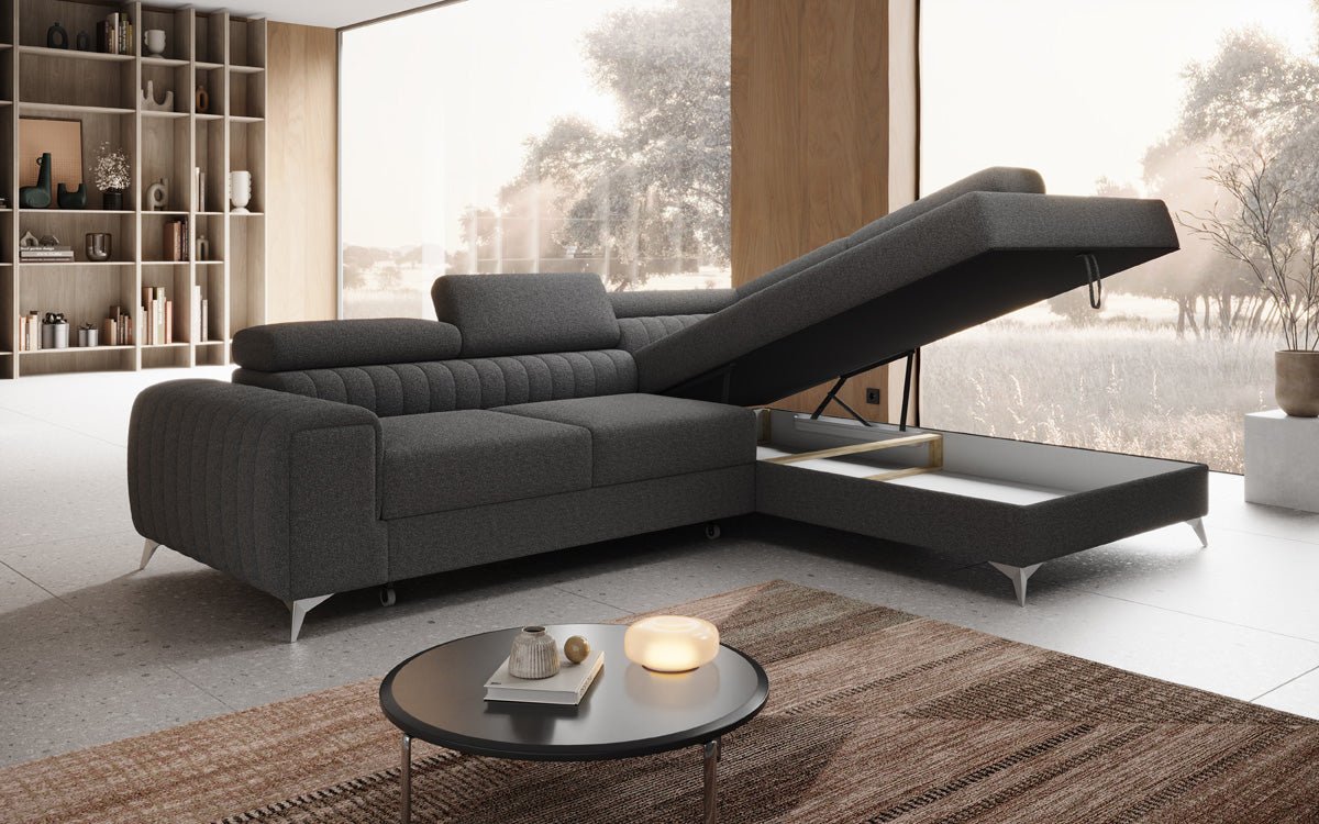 Luxuriöses L-förmiges Bouclé-Designsofa Aurea mit Schlaffunktion und Klappmechanismus