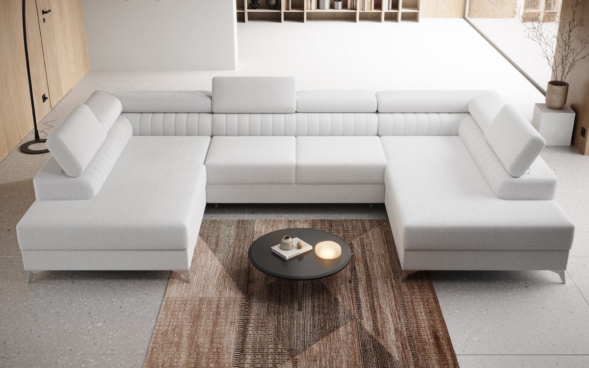 Luxuriöses U-förmiges Bouclé Designersofa Aurea mit vielseitiger Schlaf- & Klappfunktion