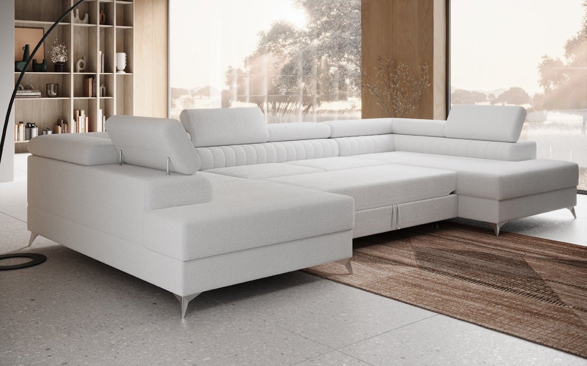 Luxuriöses U-förmiges Bouclé Designersofa Aurea mit vielseitiger Schlaf- & Klappfunktion