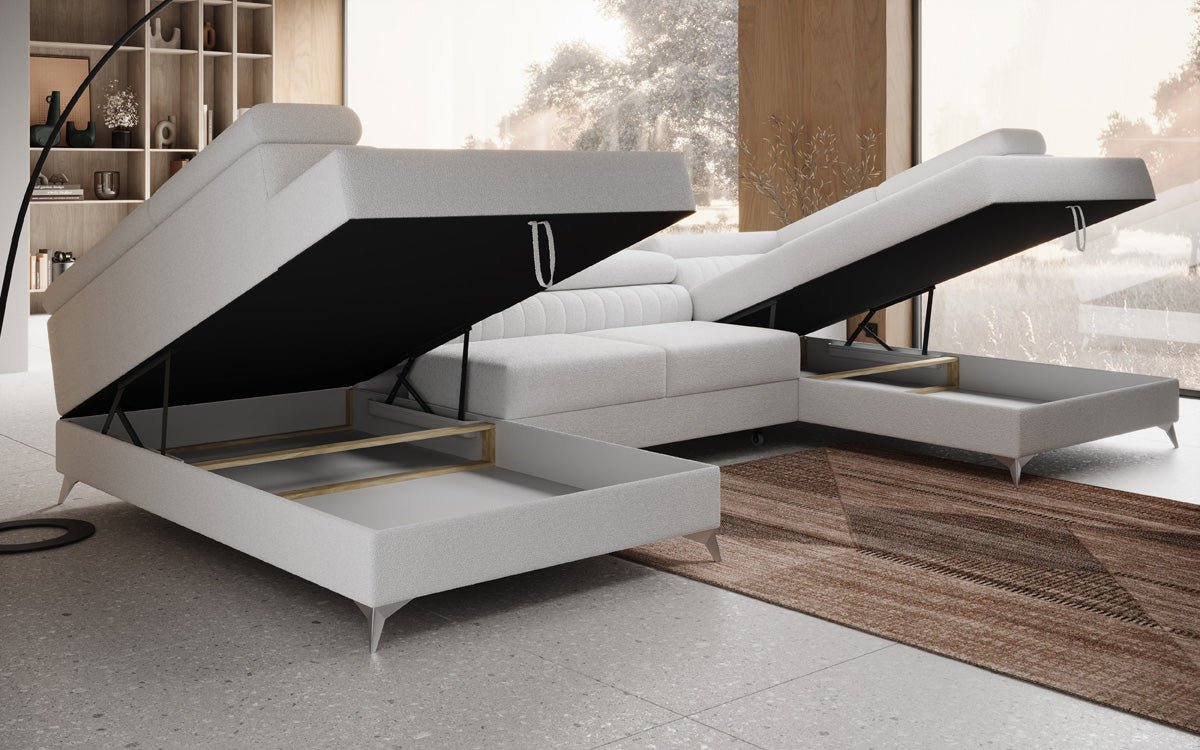 Luxuriöses U-förmiges Bouclé Designersofa Aurea mit vielseitiger Schlaf- & Klappfunktion