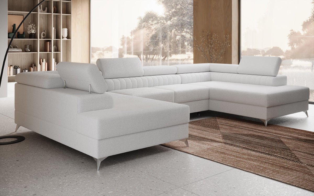 Luxuriöses U-förmiges Bouclé Designersofa Aurea mit vielseitiger Schlaf- & Klappfunktion