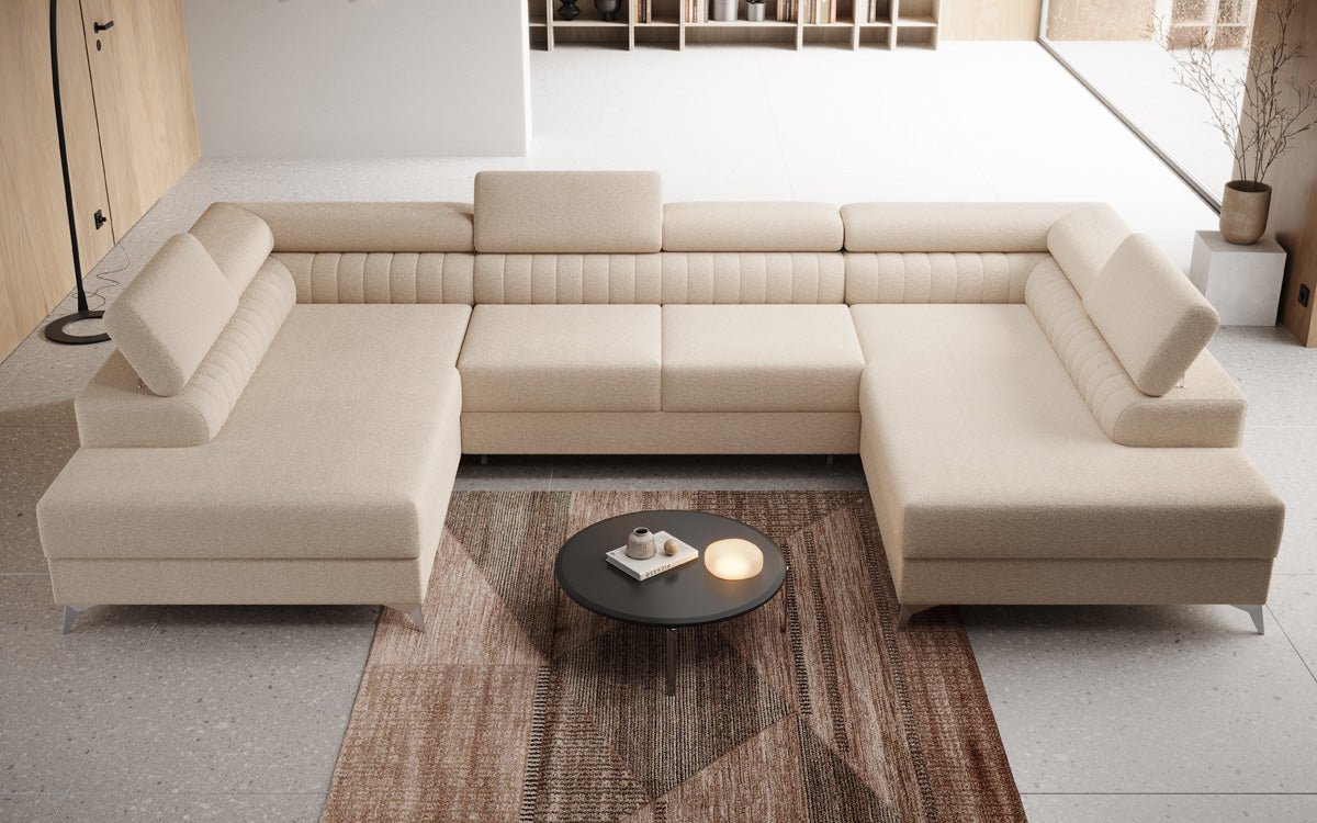 Luxuriöses U-förmiges Bouclé Designersofa Aurea mit vielseitiger Schlaf- & Klappfunktion