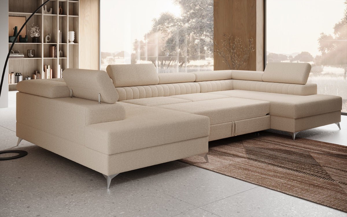 Luxuriöses U-förmiges Bouclé Designersofa Aurea mit vielseitiger Schlaf- & Klappfunktion