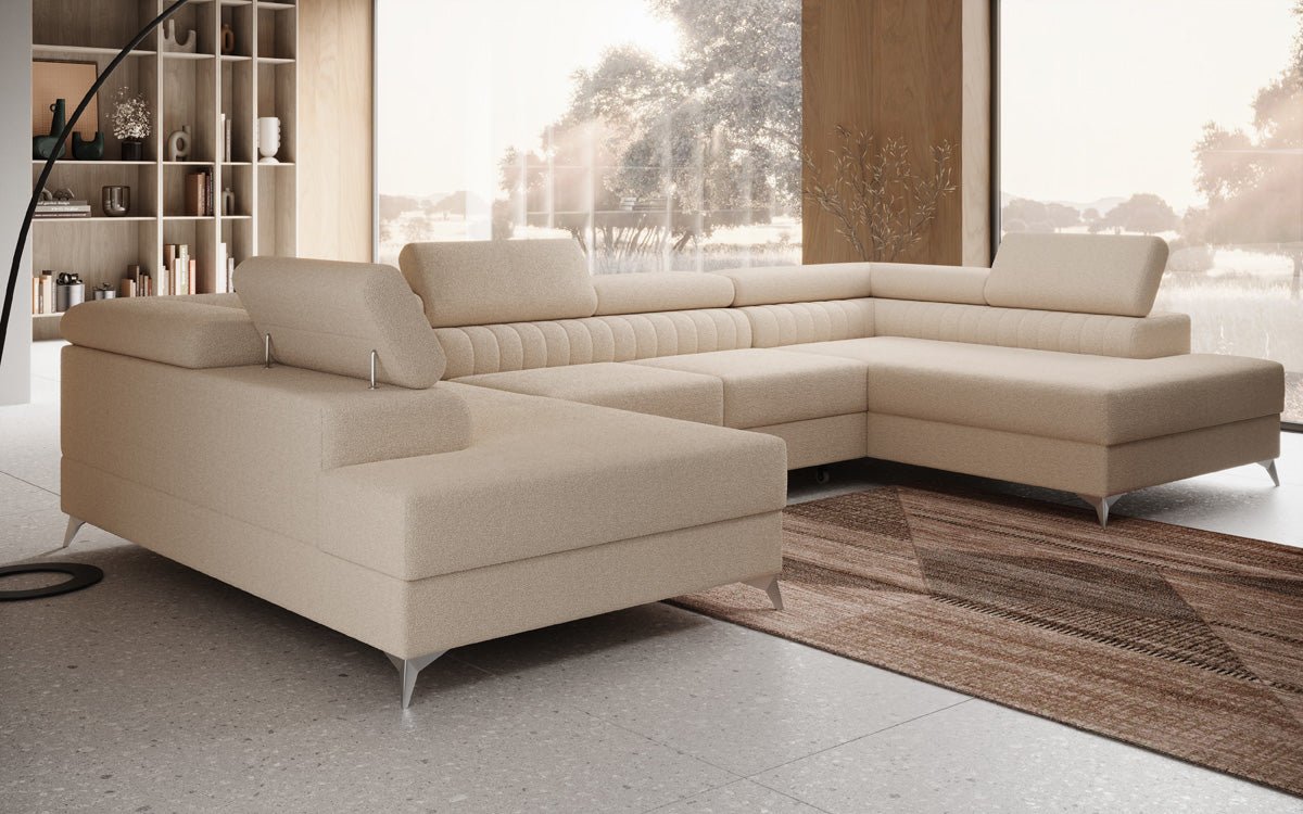 Luxuriöses U-förmiges Bouclé Designersofa Aurea mit vielseitiger Schlaf- & Klappfunktion