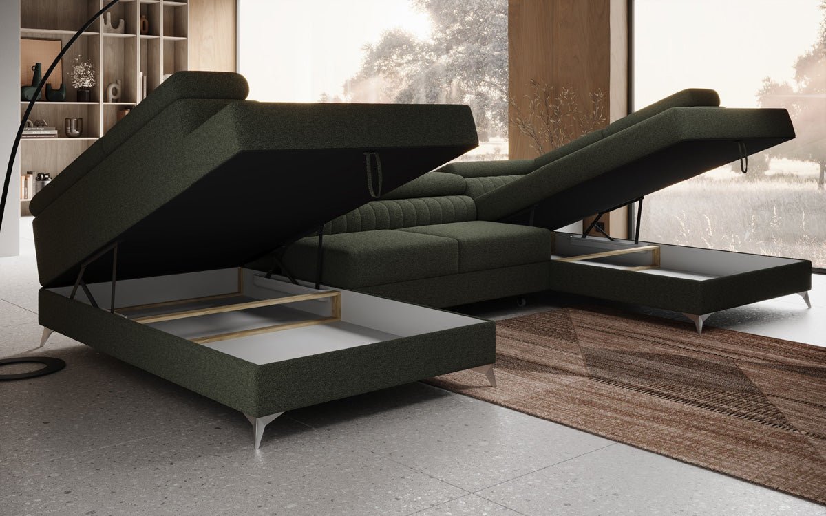 Luxuriöses U-förmiges Bouclé Designersofa Aurea mit vielseitiger Schlaf- & Klappfunktion