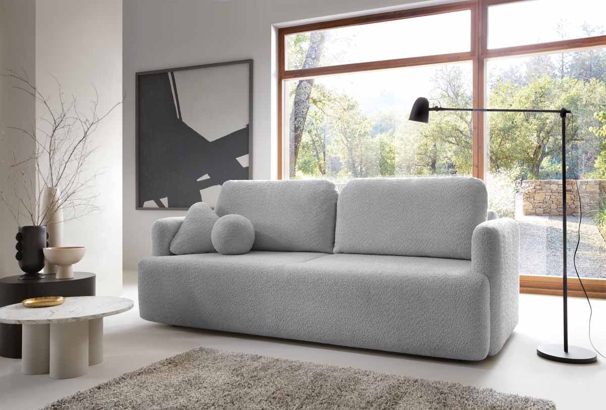 Luxuriöses Designer Schlafsofa Celiné Bouclé mit Bettfunktion und integriertem Stauraum