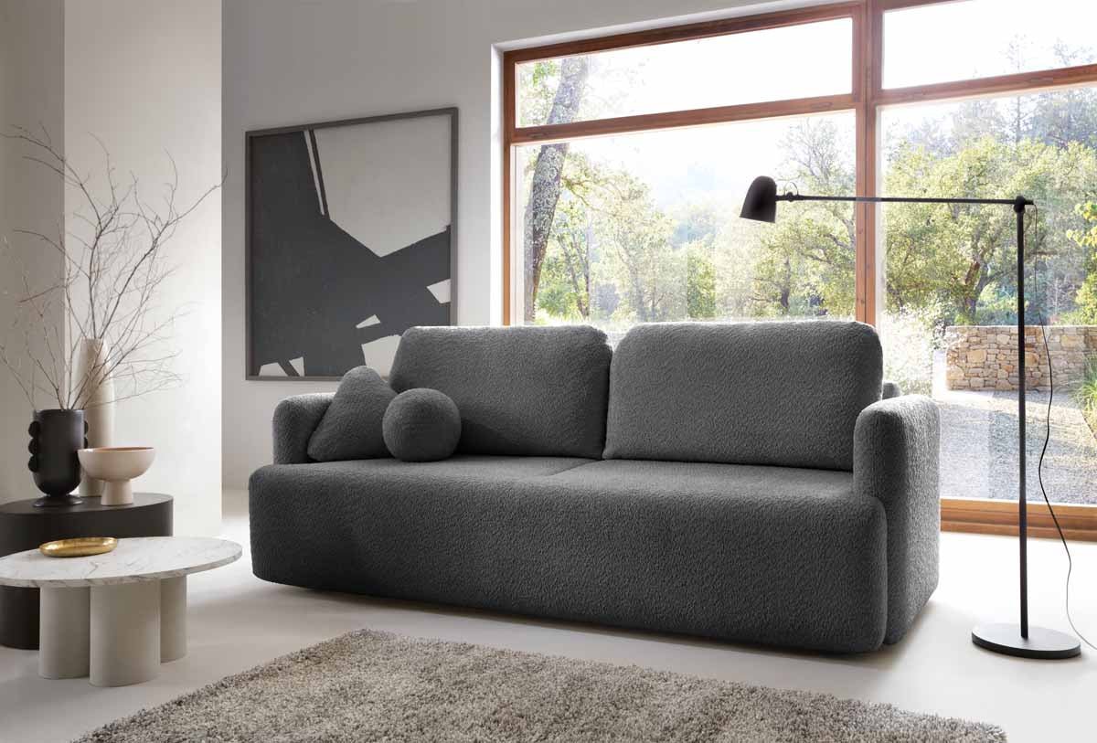Luxuriöses Designer Schlafsofa Celiné Bouclé mit Bettfunktion und integriertem Stauraum