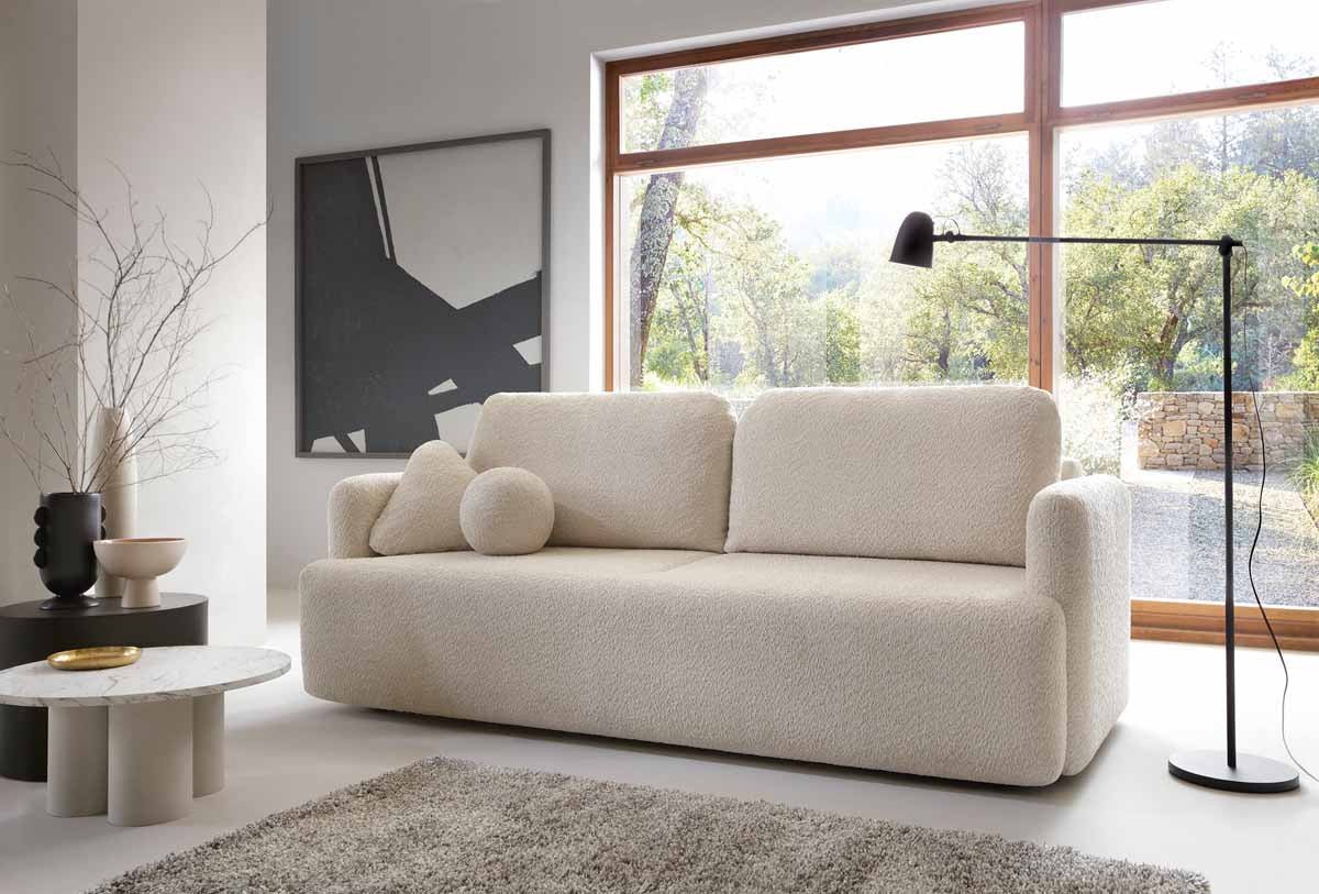 Luxuriöses Designer Schlafsofa Celiné Bouclé mit Bettfunktion und integriertem Stauraum
