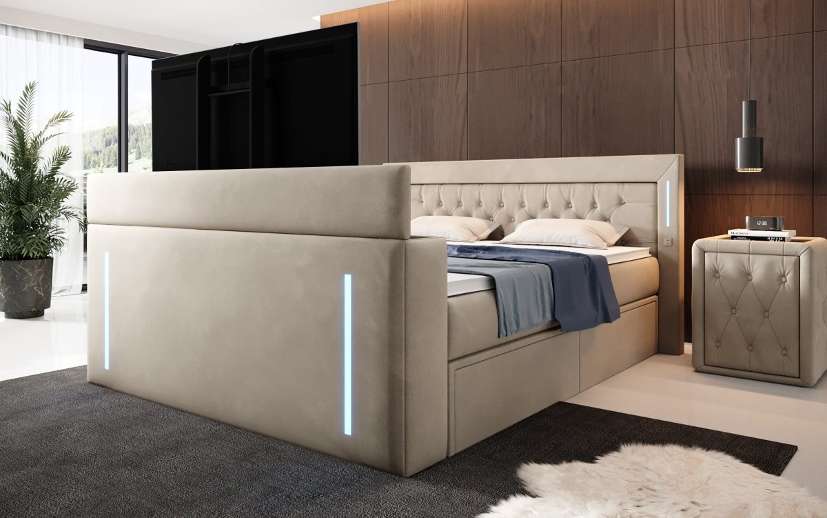 Divaneo Luxus Boxspringbett mit Integriertem TV-Lift und Geräumigem Stauraum