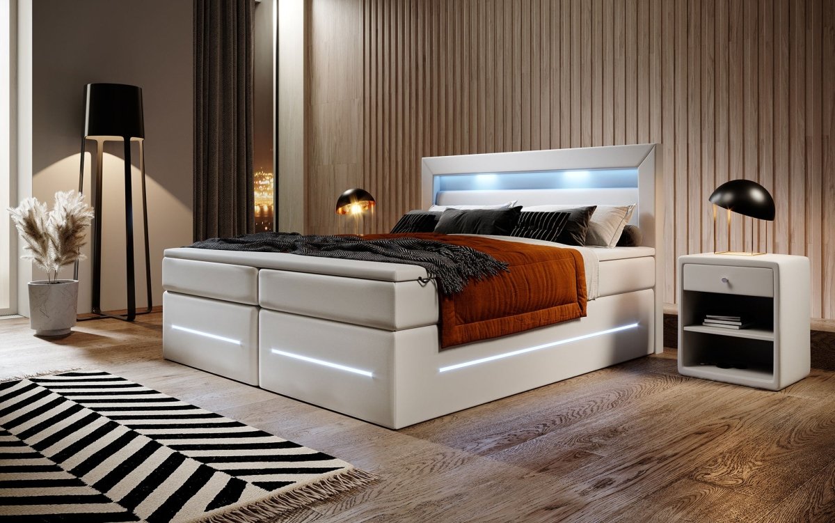 Boxspringbett Sevilla: Modernes Design, LED-Beleuchtung, Integrierter Stauraum & Komfort-Matratze