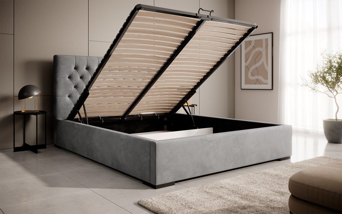 Edles Chester Polsterbett mit Stauraum – Samtbezug, Komfort & clevere Aufbewahrung