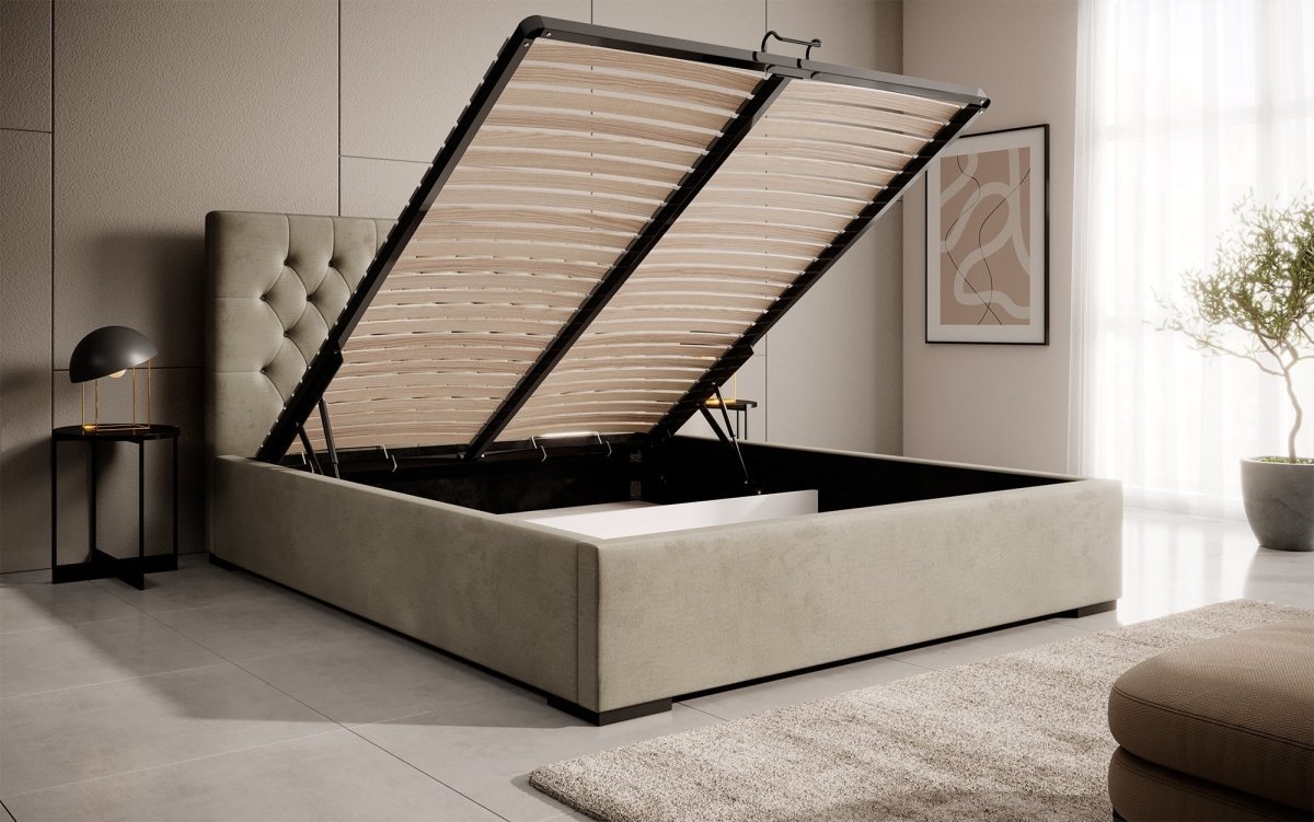 Edles Chester Polsterbett mit Stauraum – Samtbezug, Komfort & clevere Aufbewahrung