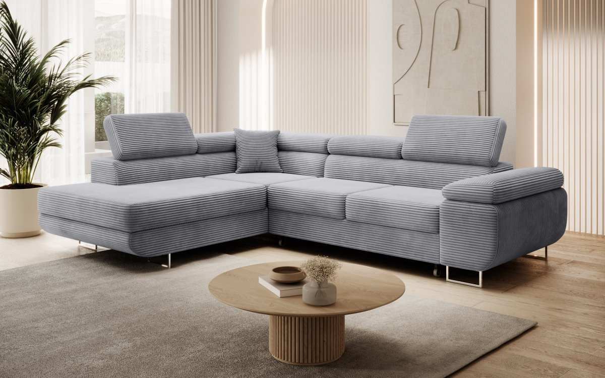 Designer Ecksofa Aston: Schlaf- und Klappfunktion, Cord-Bezug, Stauraum