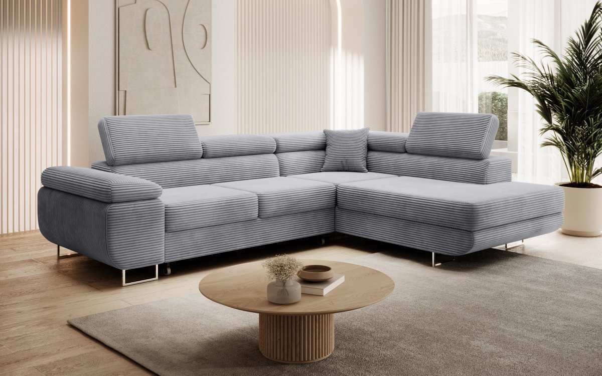 Designer Ecksofa Aston: Schlaf- und Klappfunktion, Cord-Bezug, Stauraum