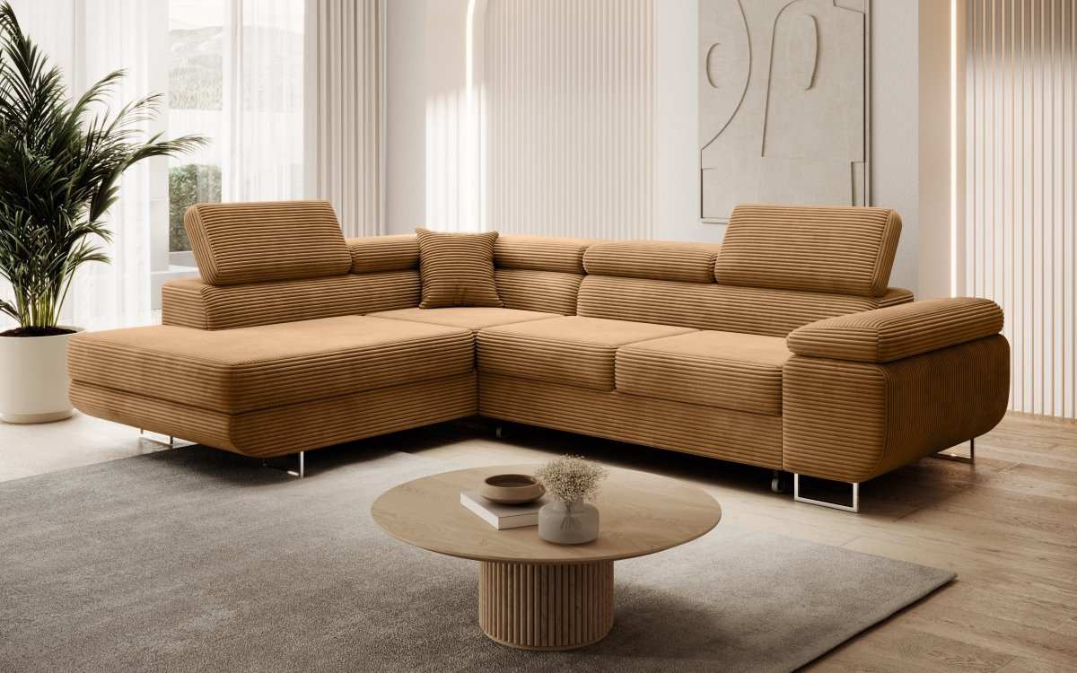 Designer Ecksofa Aston: Schlaf- und Klappfunktion, Cord-Bezug, Stauraum