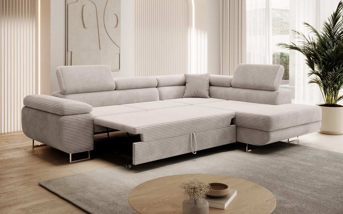 Designer Ecksofa Aston: Schlaf- und Klappfunktion, Cord-Bezug, Stauraum