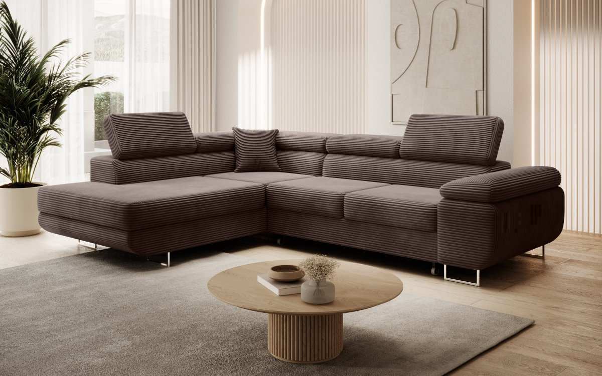 Designer Ecksofa Aston: Schlaf- und Klappfunktion, Cord-Bezug, Stauraum