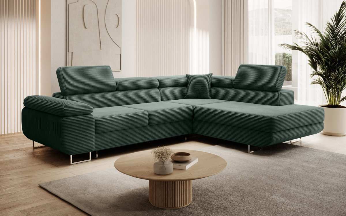 Designer Ecksofa Aston: Schlaf- und Klappfunktion, Cord-Bezug, Stauraum