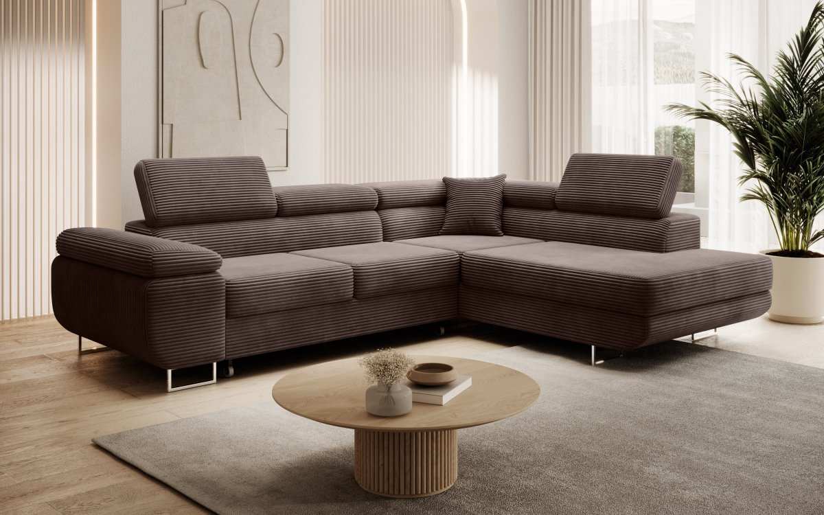 Designer Ecksofa Aston: Schlaf- und Klappfunktion, Cord-Bezug, Stauraum