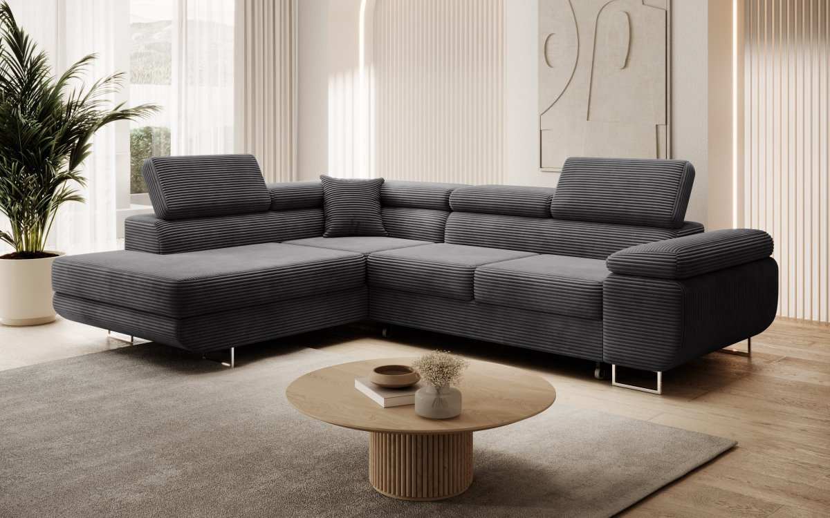 Designer Ecksofa Aston: Schlaf- und Klappfunktion, Cord-Bezug, Stauraum
