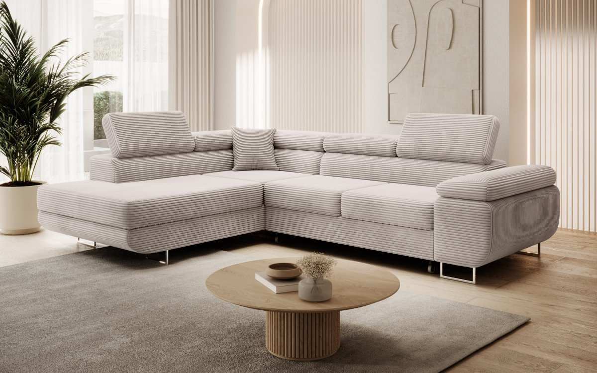 Designer Ecksofa Aston: Schlaf- und Klappfunktion, Cord-Bezug, Stauraum