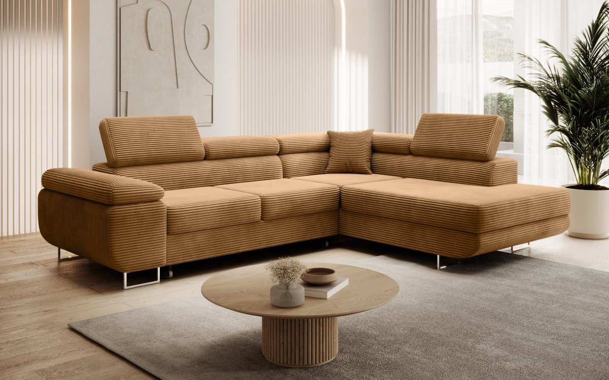 Designer Ecksofa Aston: Schlaf- und Klappfunktion, Cord-Bezug, Stauraum