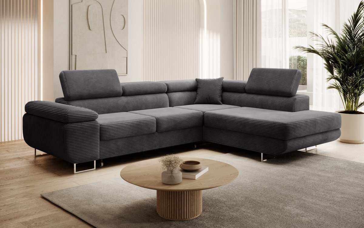 Designer Ecksofa Aston: Schlaf- und Klappfunktion, Cord-Bezug, Stauraum