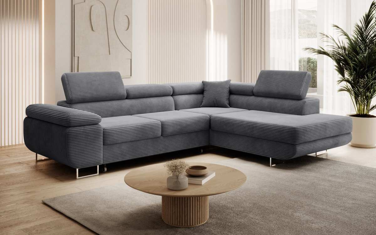 Designer Ecksofa Aston: Schlaf- und Klappfunktion, Cord-Bezug, Stauraum
