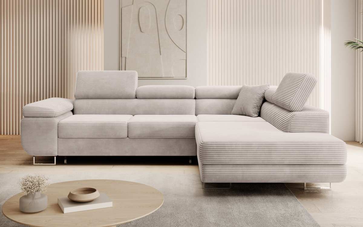 Designer Ecksofa Aston: Schlaf- und Klappfunktion, Cord-Bezug, Stauraum