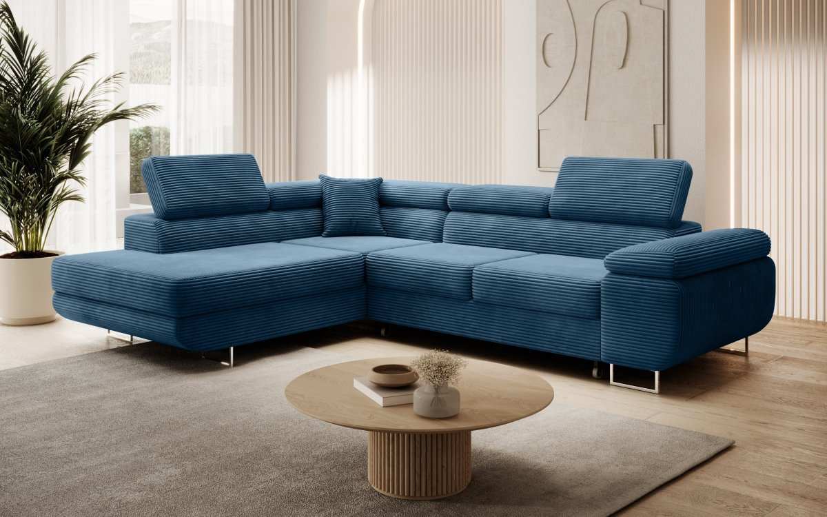 Designer Ecksofa Aston: Schlaf- und Klappfunktion, Cord-Bezug, Stauraum