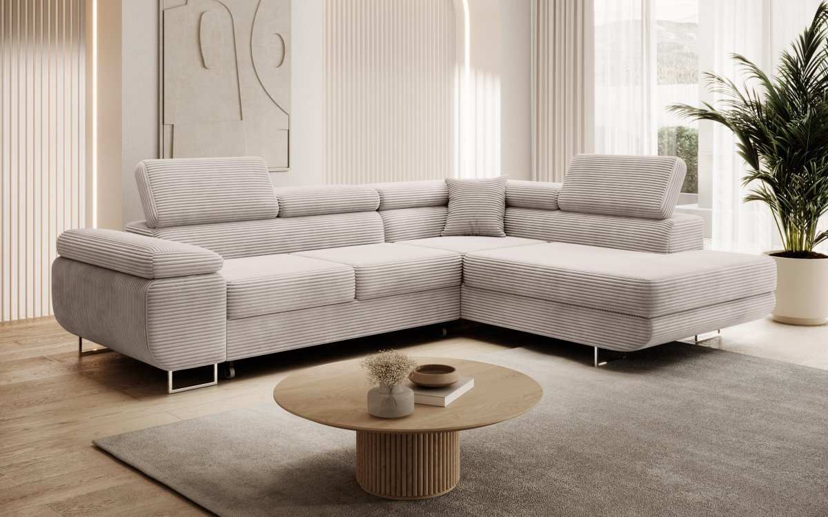 Designer Ecksofa Aston: Schlaf- und Klappfunktion, Cord-Bezug, Stauraum