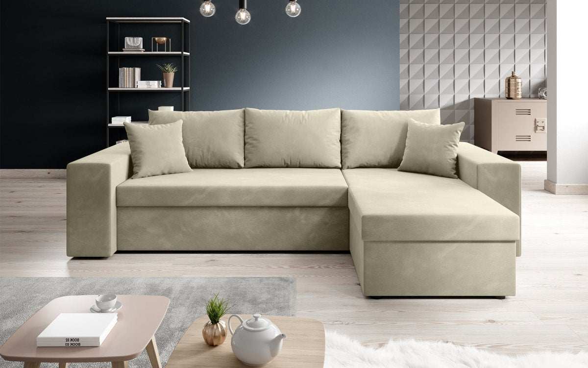 Designer Ecksofa Denver Samt mit Schlaffunktion – Verwandlungsfähige L-Form Couch
