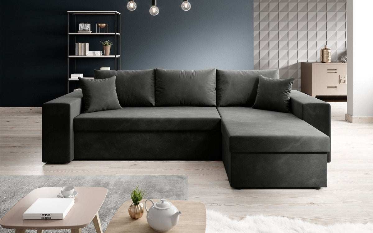 Designer Ecksofa Denver Samt mit Schlaffunktion – Verwandlungsfähige L-Form Couch
