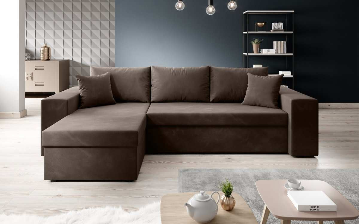 Designer Ecksofa Denver Samt mit Schlaffunktion – Verwandlungsfähige L-Form Couch