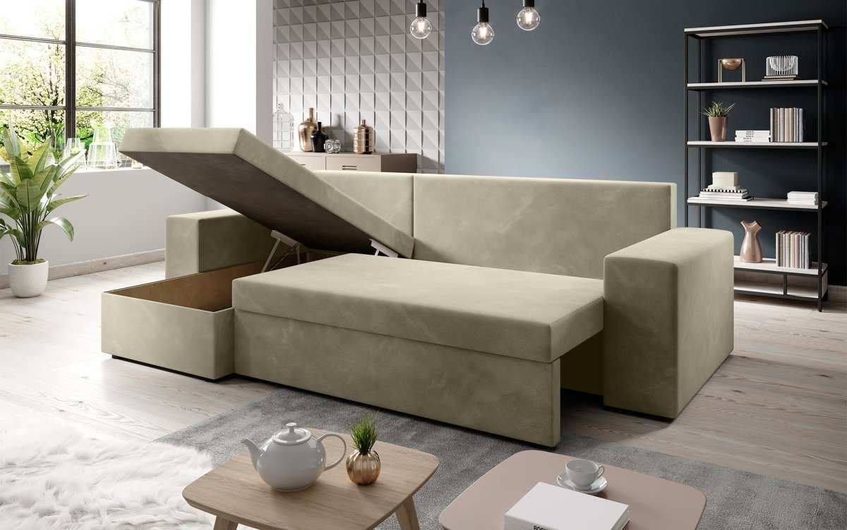 Designer Ecksofa Denver Samt mit Schlaffunktion – Verwandlungsfähige L-Form Couch