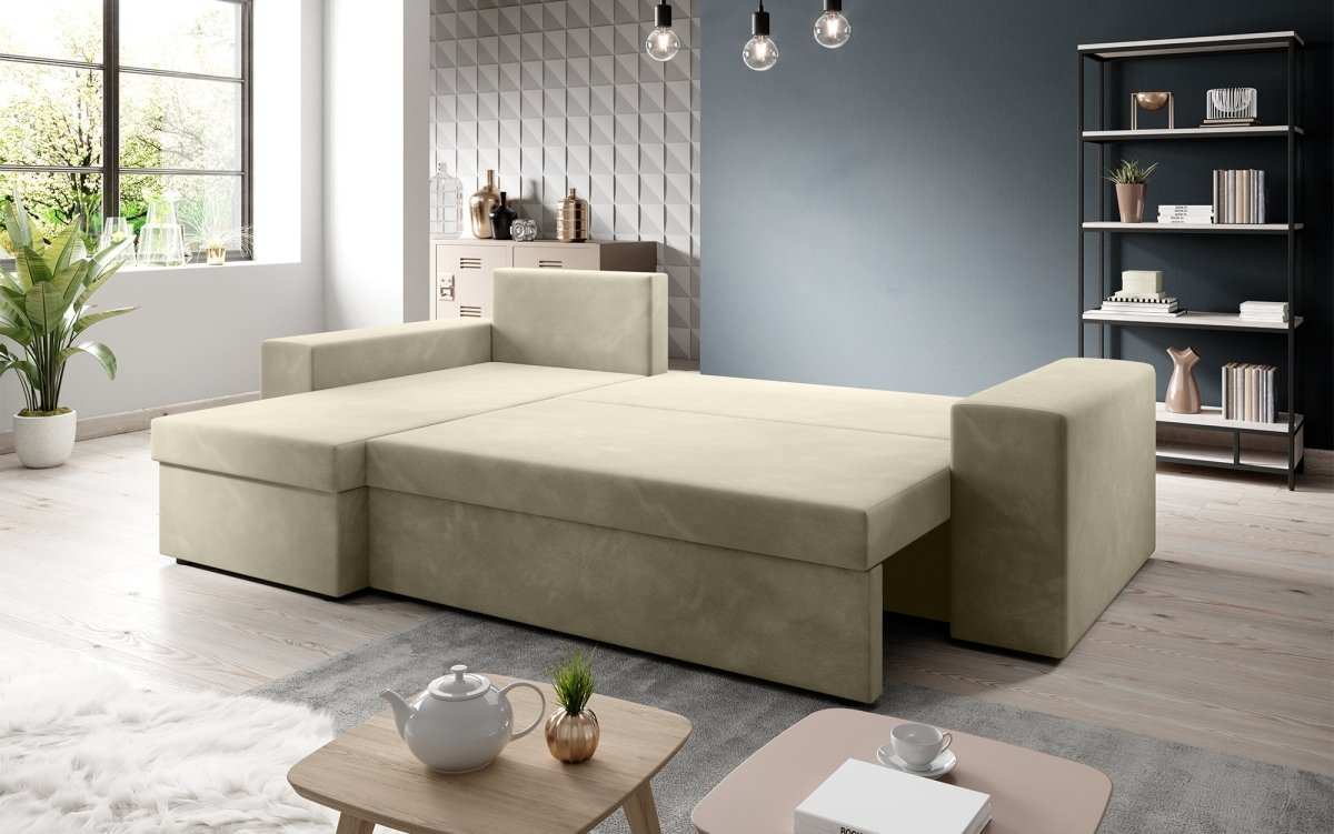 Designer Ecksofa Denver Samt mit Schlaffunktion – Verwandlungsfähige L-Form Couch