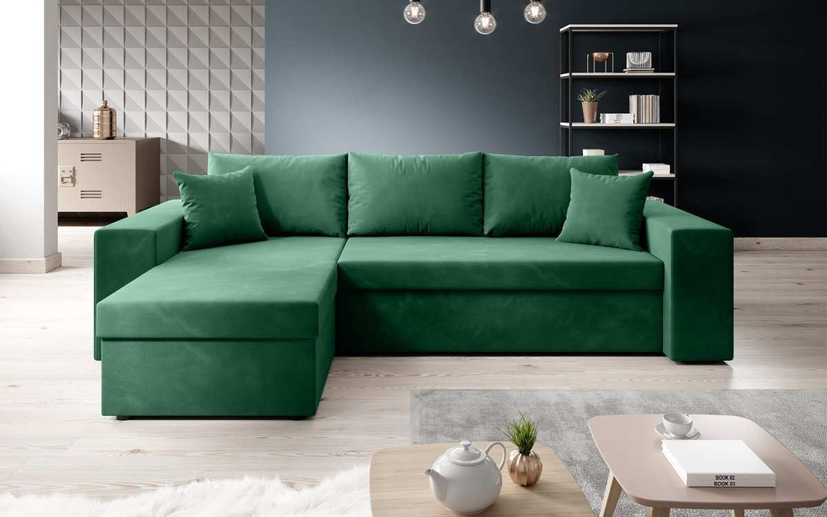 Designer Ecksofa Denver Samt mit Schlaffunktion – Verwandlungsfähige L-Form Couch