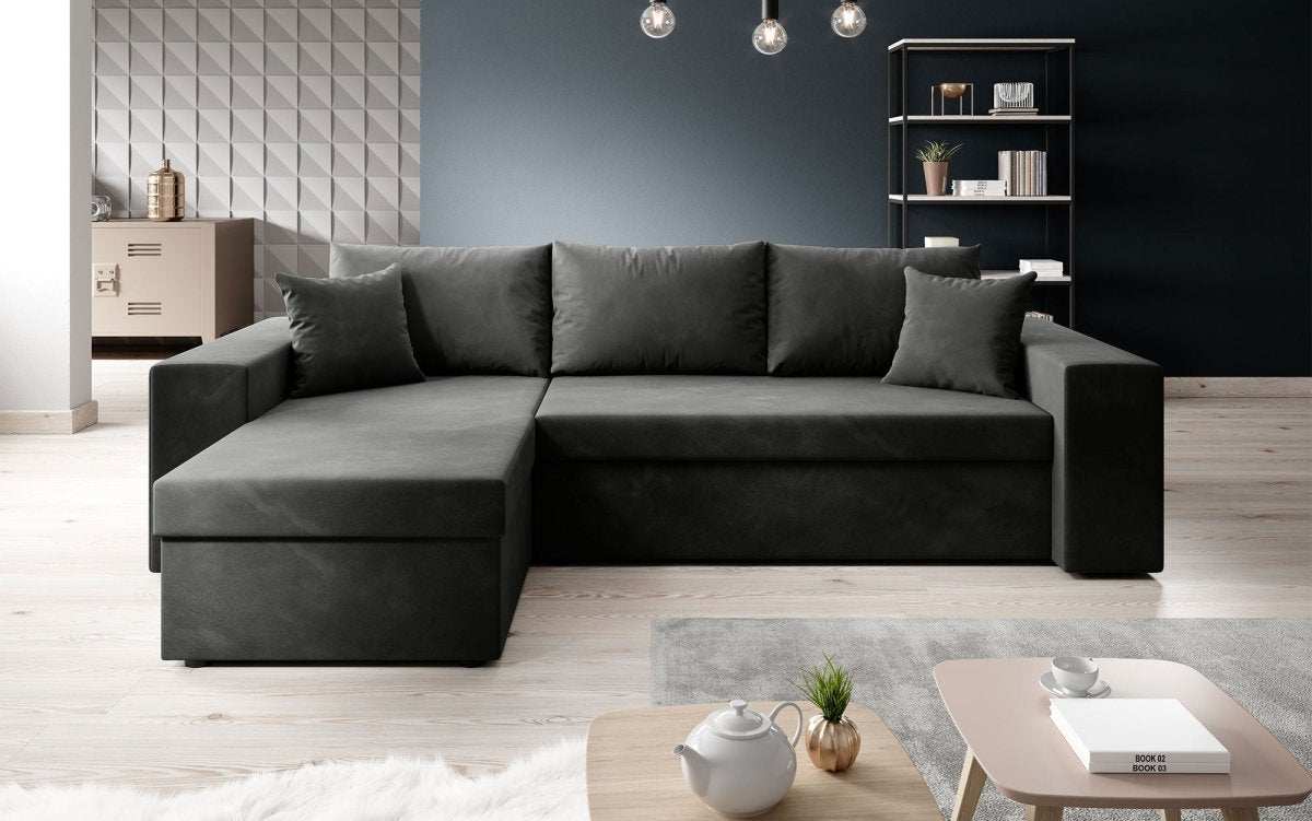 Designer Ecksofa Denver Samt mit Schlaffunktion – Verwandlungsfähige L-Form Couch