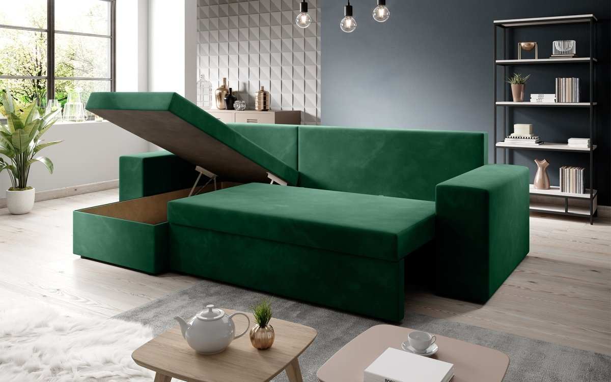 Designer Ecksofa Denver Samt mit Schlaffunktion – Verwandlungsfähige L-Form Couch