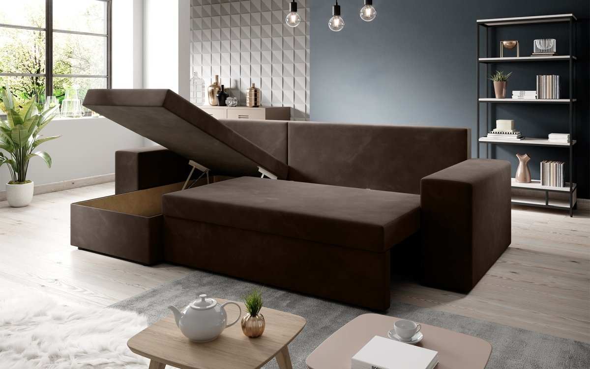 Designer Ecksofa Denver Samt mit Schlaffunktion – Verwandlungsfähige L-Form Couch