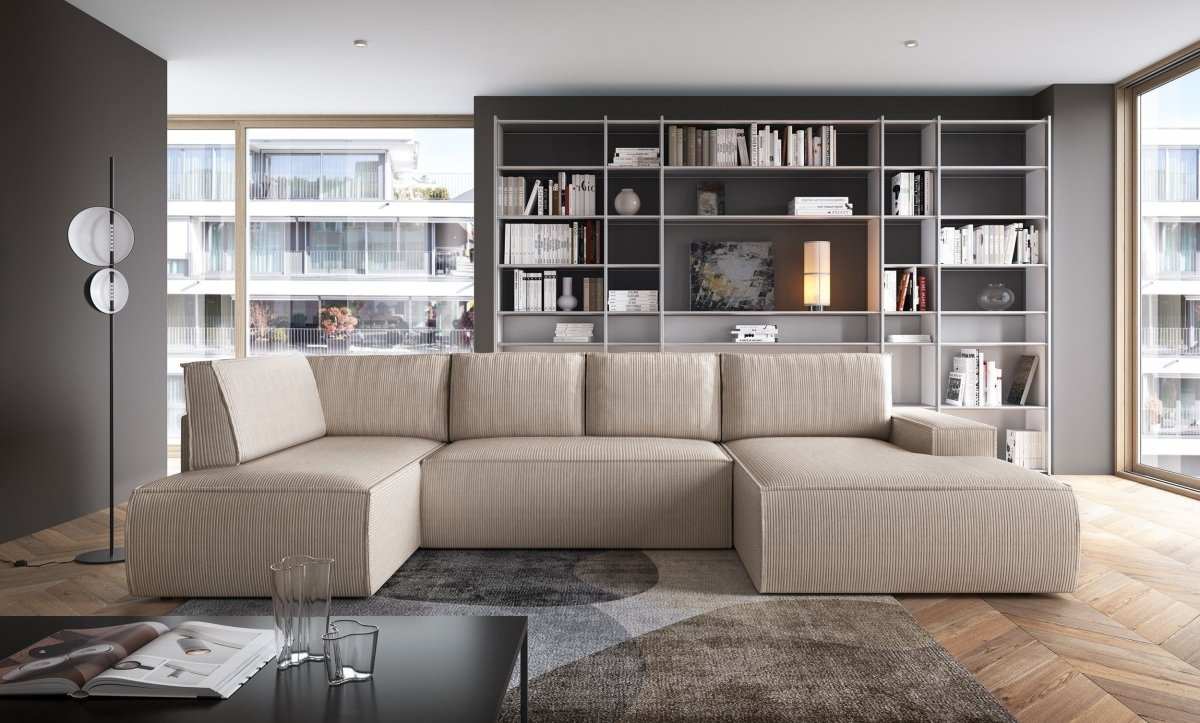 Designer Schlafsofa Rondo: Großes U-Form Cord Sofa mit Schlaffunktion